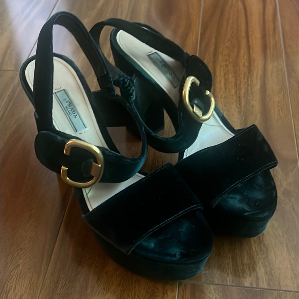 Prada Teal Velvet Platform Slingback Sandals with Gold Buckle Detail